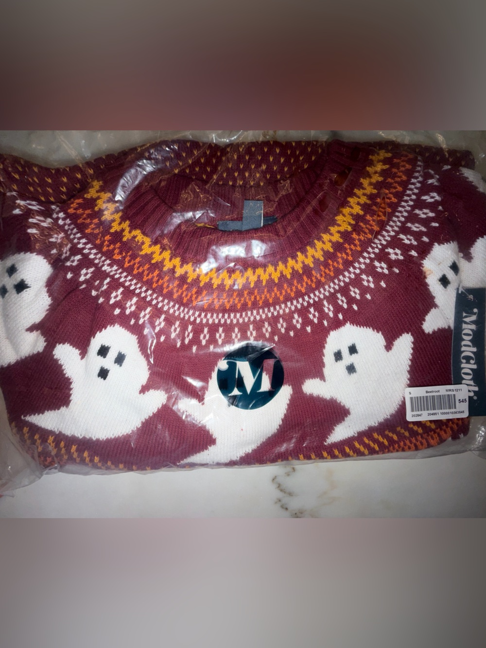 ModCloth Ghost Fair Isle Halloween Sweater | Size Small | Burgundy Novelty Knit